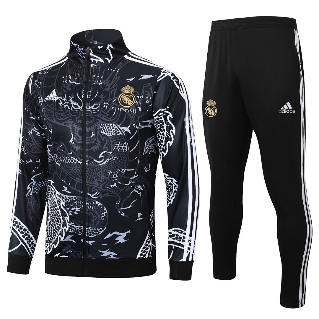 23/24 Real Madrid Full-Zip Men's Training Kit Black Dragon Print