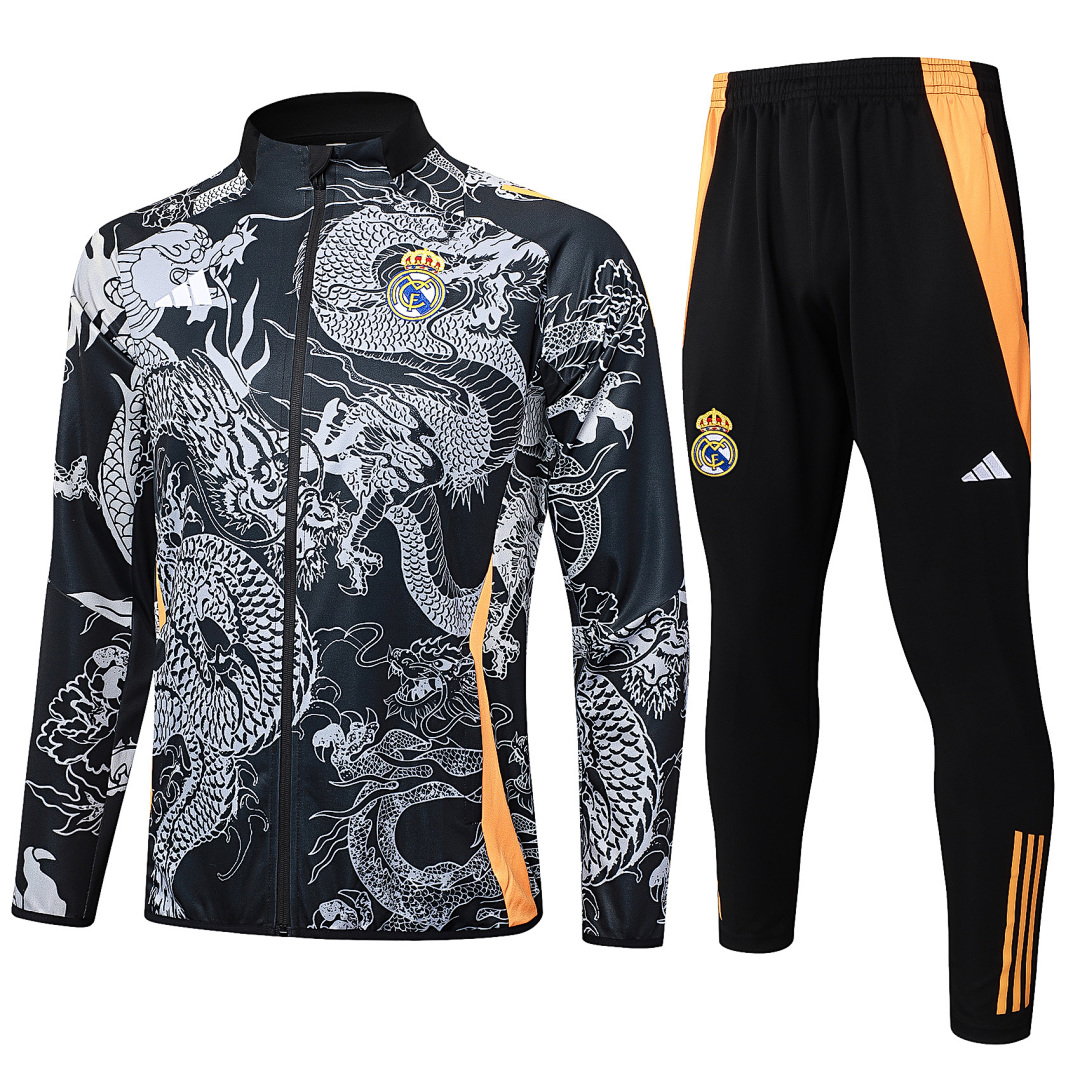 24/25 Real Madrid Full-Zip Men's Training Kit Black Dragon Print