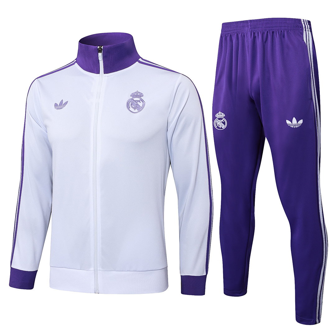 24/25 Real Madrid Full-Zip Men's Training Kit White Retro Purple Collar