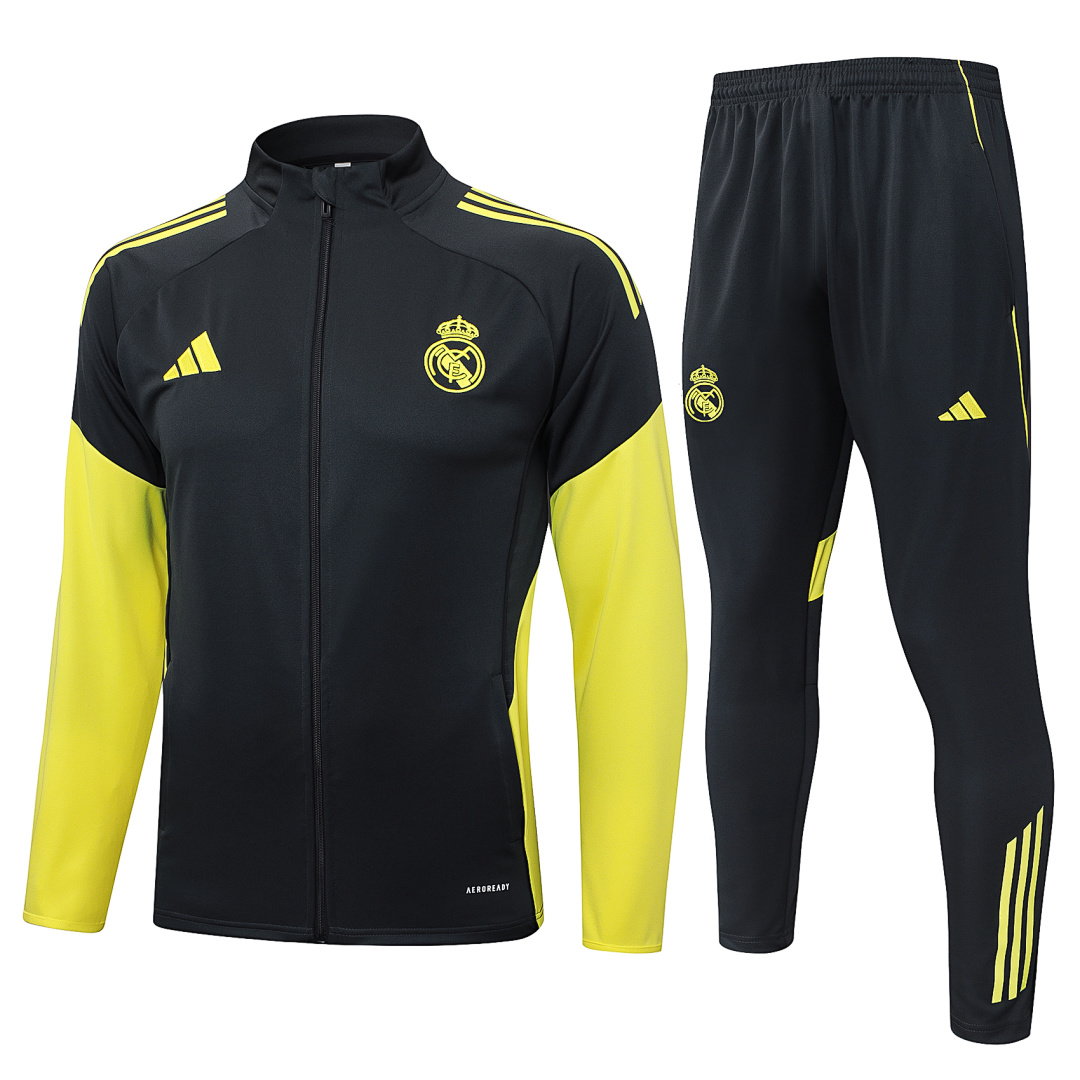 25/26 Real Madrid Full-Zip Men's Training Kit Dark Gray Yellow Sleeves