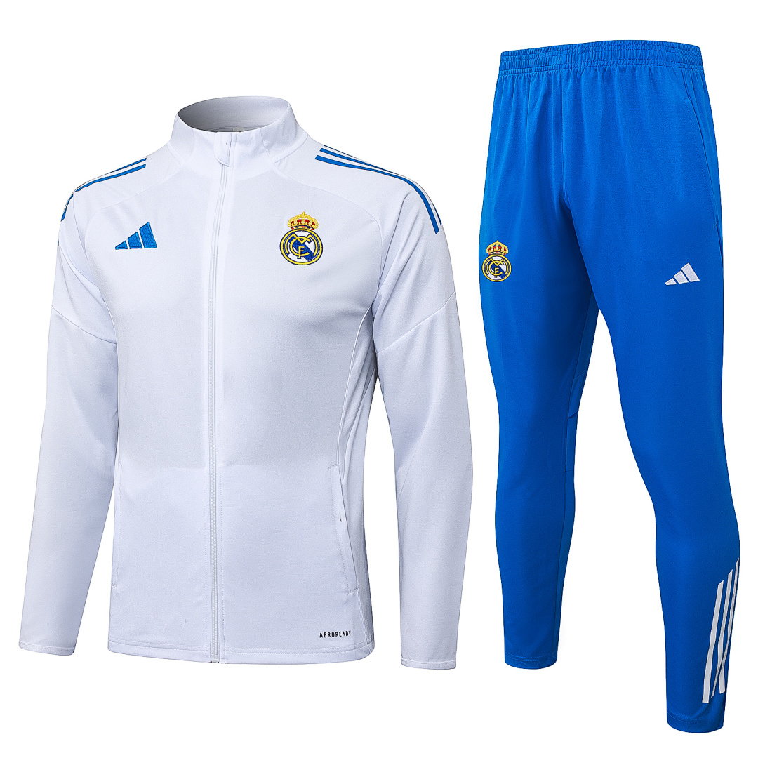 25/26 Real Madrid Full-Zip Men's Training Kit White Aqua Blue Three Stripes