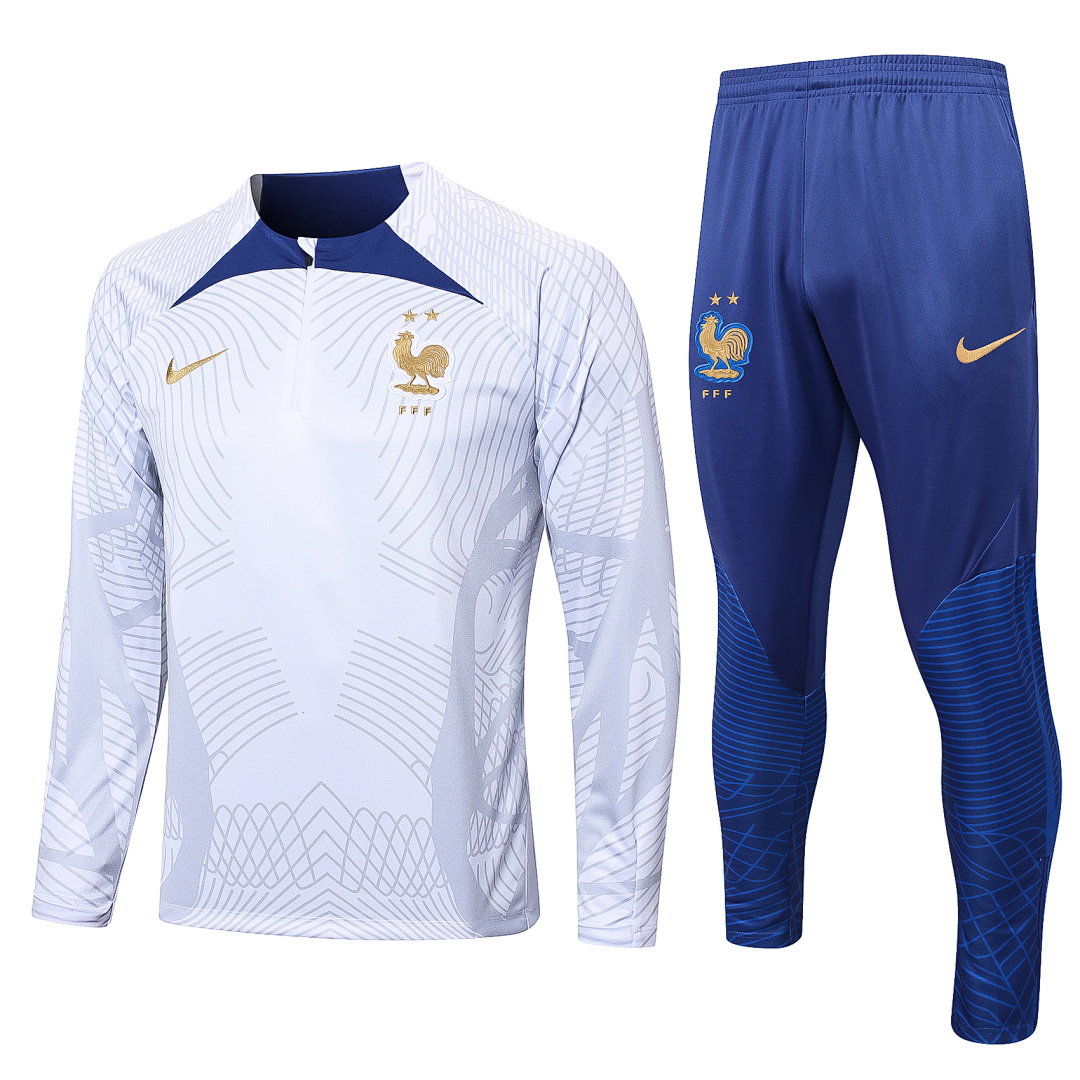 22/23 France Half-Zip Men's Training Kit White Royal Blue Collar Print