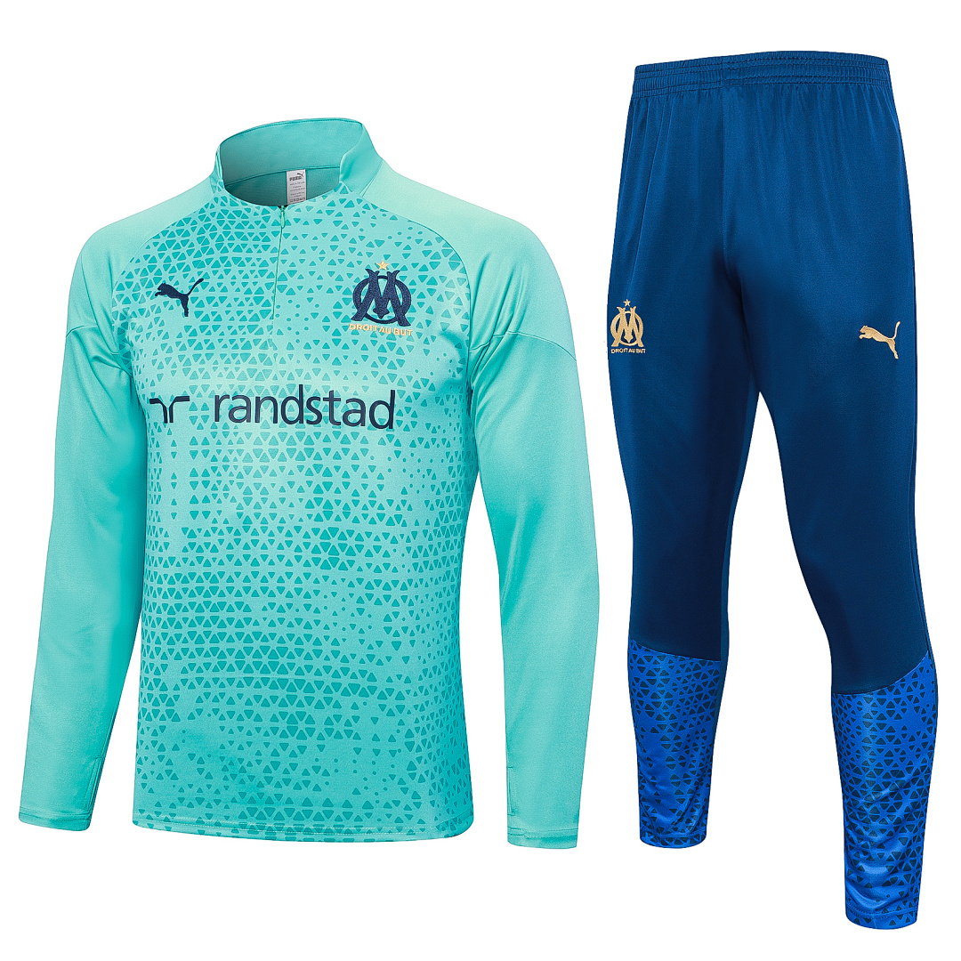 23/24 Olympique de Marseille Half-Zip Men's Training Kit Aqua Blue Front Print