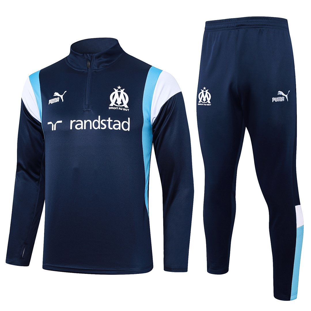 23/24 Olympique de Marseille Half-Zip Men's Training Kit Royal Blue Shoulder White Blue