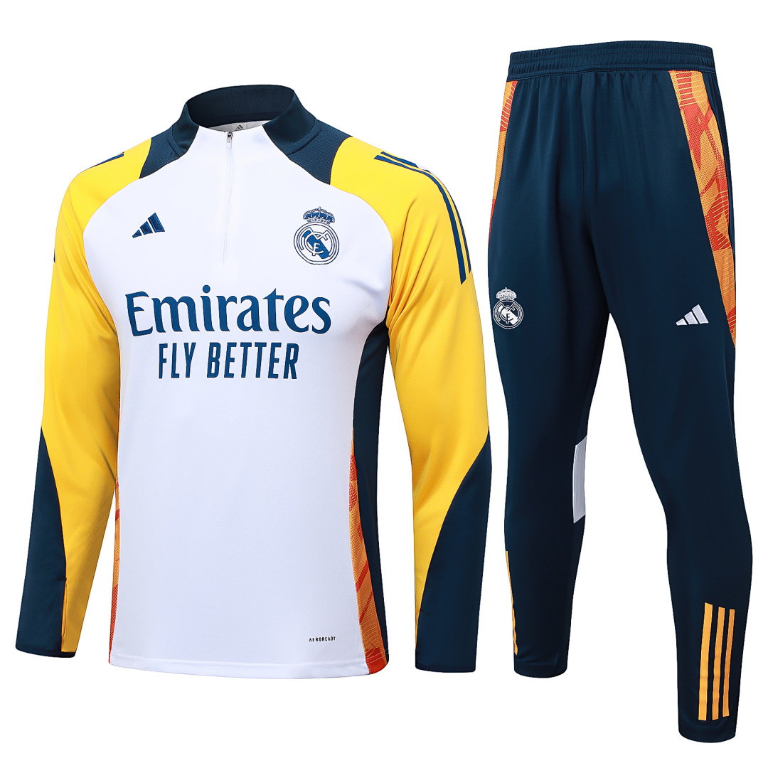 24/25 Real Madrid Half-Zip Men's Training Kit White Yellow Sleeves