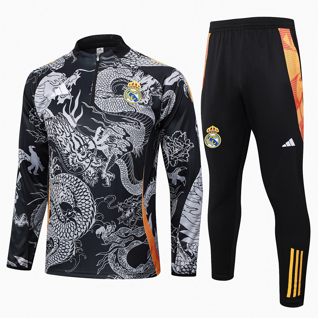 24/25 Real Madrid Half-Zip Men's Training Kit Black Dragon Print