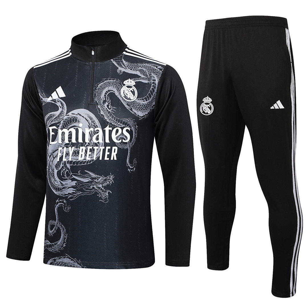 24/25 Real Madrid Half-Zip Men's Training Kit Black Print White Shoulders Three Stripes
