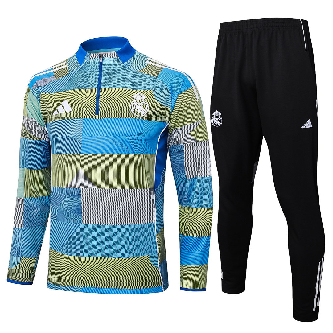 25/26 Real Madrid Half-Zip Men's Training Kit Blue Green Stripe Print