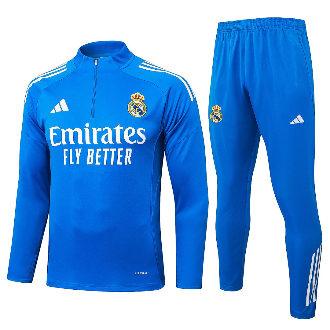 25/26 Real Madrid Half-Zip Men's Training Kit Aqua Blue White Three Stripes